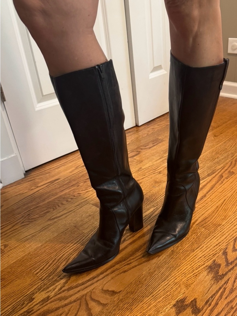 Charles David Black Pointy-Toe Western Style Tall Leather Boots with Block Heel